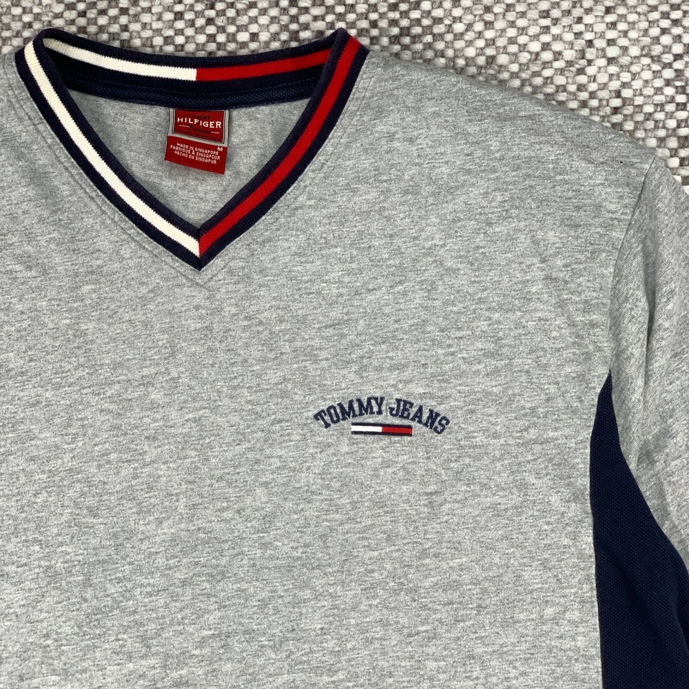 Tommy Hilfiger Tommy Jeans T-Shirt Mens M Grey Navy 2004 Vintage V-Neck Ribbed